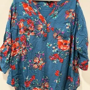 Torrid Blue Floral Blouse with Red and Orange Accents